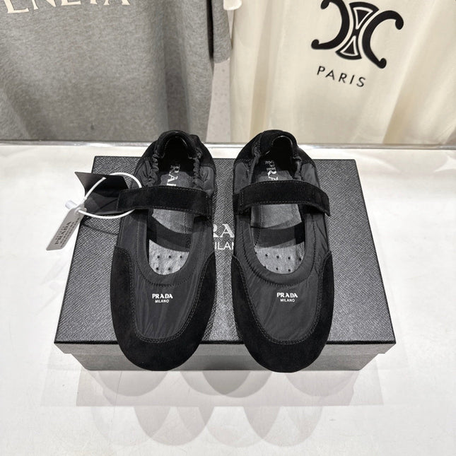 PRADA 25S COLLAPSE RE NYLON AND SUEDE BALLERINAS IN BLACK