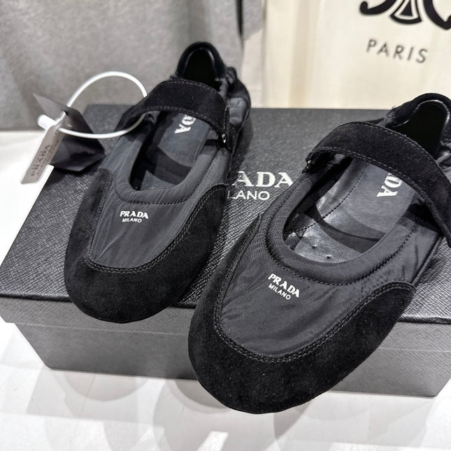 PRADA 25S COLLAPSE RE NYLON AND SUEDE BALLERINAS IN BLACK