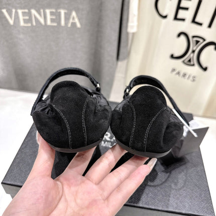 PRADA 25S COLLAPSE RE NYLON AND SUEDE BALLERINAS IN BLACK
