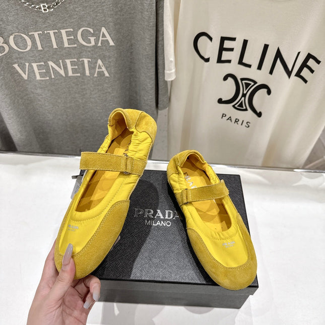 PRADA 25S COLLAPSE RE NYLON AND SUEDE BALLERINAS IN LEMON YELLOW