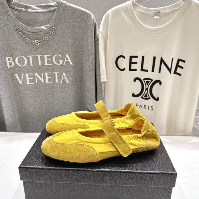 PRADA 25S COLLAPSE RE NYLON AND SUEDE BALLERINAS IN LEMON YELLOW