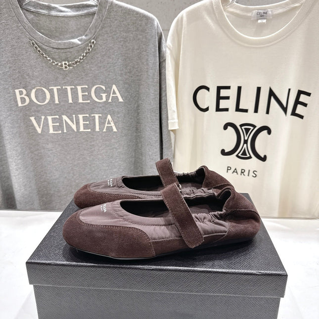 PRADA 25S COLLAPSE RE NYLON AND SUEDE BALLERINAS IN COFFEE