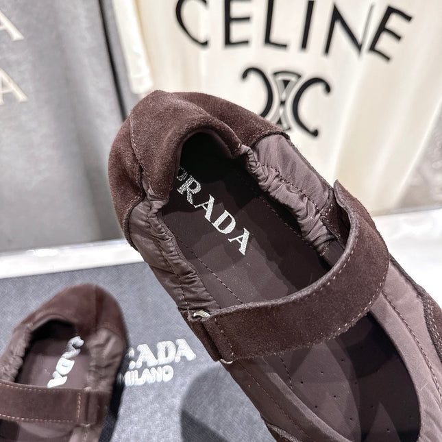 PRADA 25S COLLAPSE RE NYLON AND SUEDE BALLERINAS IN COFFEE