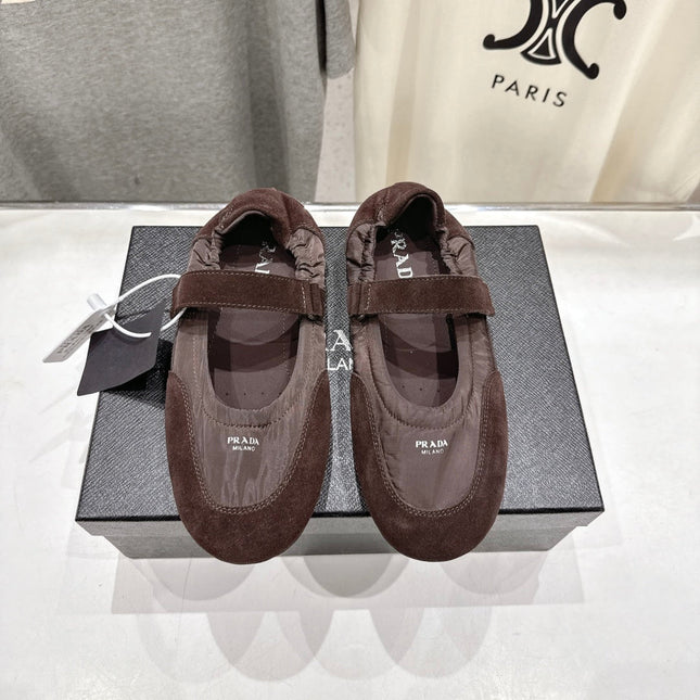 PRADA 25S COLLAPSE RE NYLON AND SUEDE BALLERINAS IN COFFEE
