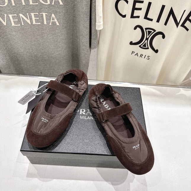 PRADA 25S COLLAPSE RE NYLON AND SUEDE BALLERINAS IN COFFEE