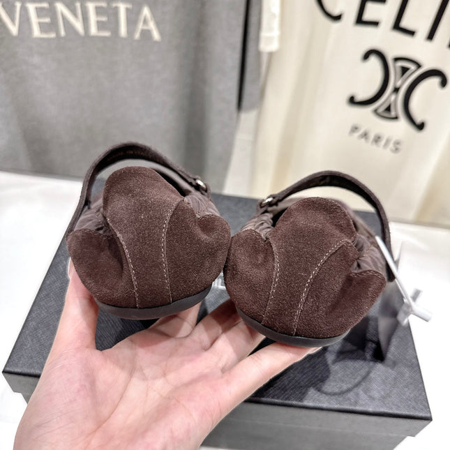 PRADA 25S COLLAPSE RE NYLON AND SUEDE BALLERINAS IN COFFEE