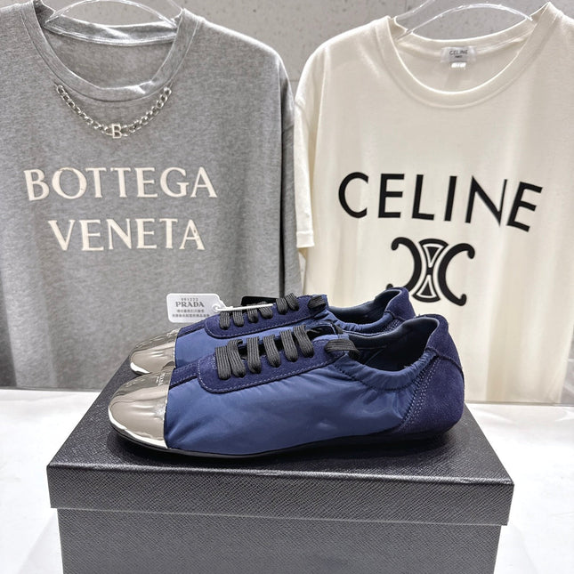 PRADA 25S COLLAPSE RE NYLON AND SUEDE SNEAKERS IN DARK BLUE WITH METAL TOECAP