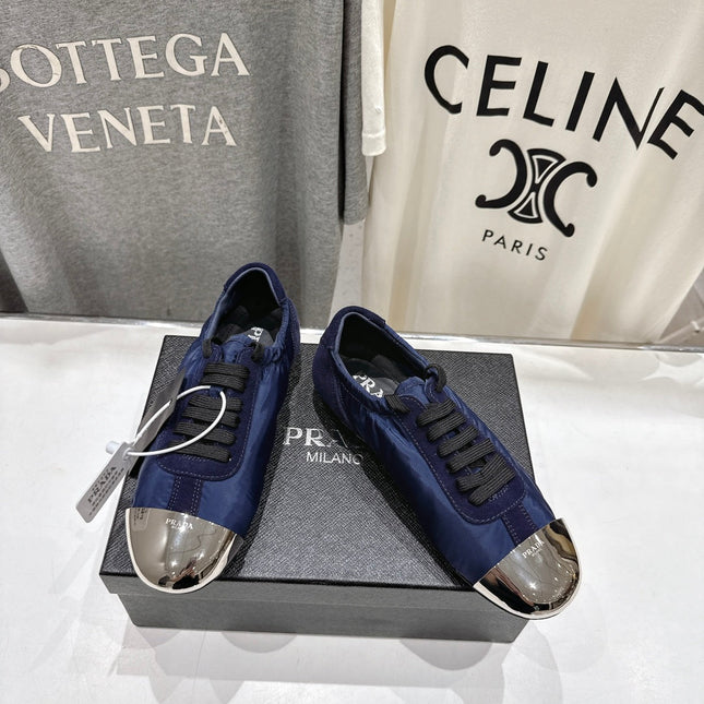 PRADA 25S COLLAPSE RE NYLON AND SUEDE SNEAKERS IN DARK BLUE WITH METAL TOECAP