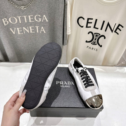 PRADA 25S COLLAPSE RE NYLON AND SUEDE SNEAKERS IN WHITE WITH METAL TOECAP