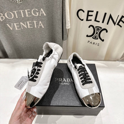 PRADA 25S COLLAPSE RE NYLON AND SUEDE SNEAKERS IN WHITE WITH METAL TOECAP