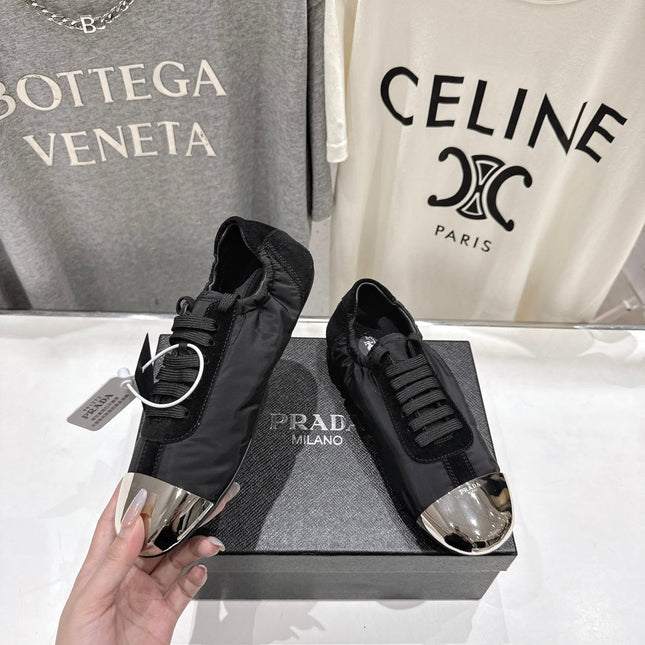 PRADA 25S COLLAPSE RE NYLON AND SUEDE SNEAKERS IN BLACK WITH METAL TOECAP