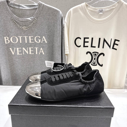 PRADA 25S COLLAPSE RE NYLON AND SUEDE SNEAKERS IN BLACK WITH METAL TOECAP