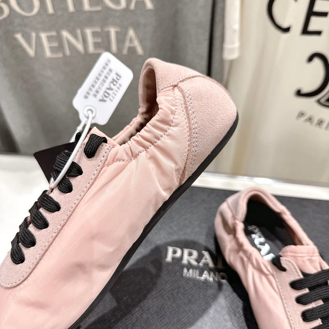 PRADA 25S COLLAPSE RE NYLON AND SUEDE SNEAKERS IN LIGHT PINK WITH METAL TOECAP