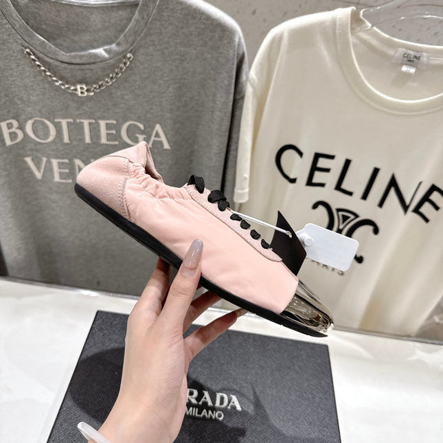 PRADA 25S COLLAPSE RE NYLON AND SUEDE SNEAKERS IN LIGHT PINK WITH METAL TOECAP