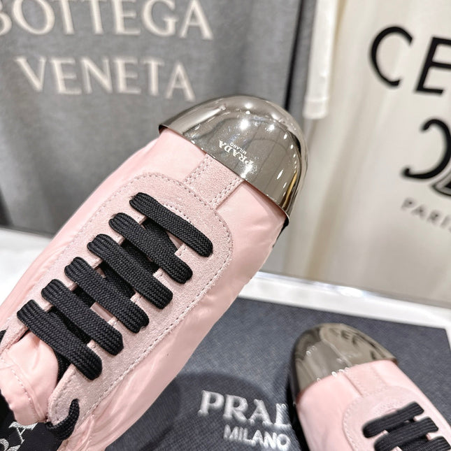 PRADA 25S COLLAPSE RE NYLON AND SUEDE SNEAKERS IN LIGHT PINK WITH METAL TOECAP