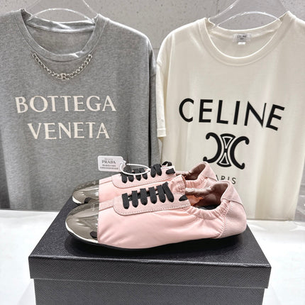 PRADA 25S COLLAPSE RE NYLON AND SUEDE SNEAKERS IN LIGHT PINK WITH METAL TOECAP