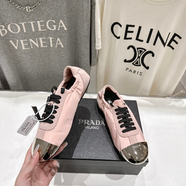 PRADA 25S COLLAPSE RE NYLON AND SUEDE SNEAKERS IN LIGHT PINK WITH METAL TOECAP