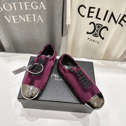 PRADA 25S COLLAPSE RE NYLON AND SUEDE SNEAKERS IN PLUM WITH METAL TOECAP