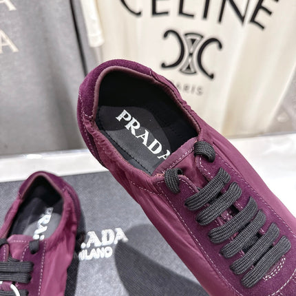 PRADA 25S COLLAPSE RE NYLON AND SUEDE SNEAKERS IN PLUM WITH METAL TOECAP