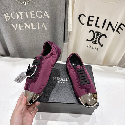 PRADA 25S COLLAPSE RE NYLON AND SUEDE SNEAKERS IN PLUM WITH METAL TOECAP