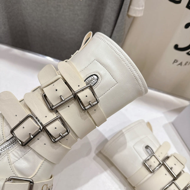 DIOR 25S BIKER BOOTS IN CREAM WHITE CALFSKIN WITH SILVER HARDWARE