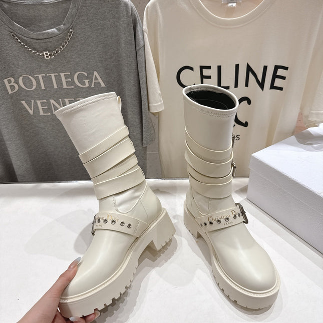DIOR 25S BIKER BOOTS IN CREAM WHITE CALFSKIN WITH SILVER HARDWARE