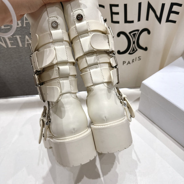 DIOR 25S BIKER BOOTS IN CREAM WHITE CALFSKIN WITH SILVER HARDWARE