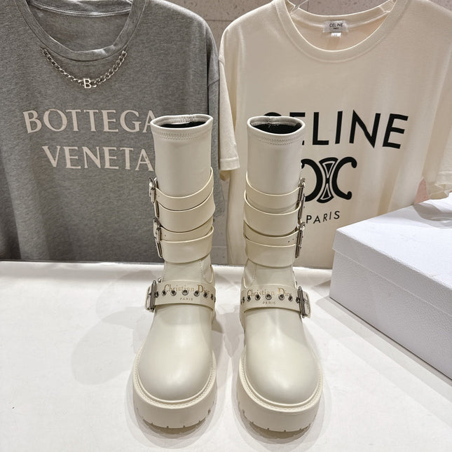 DIOR 25S BIKER BOOTS IN CREAM WHITE CALFSKIN WITH SILVER HARDWARE