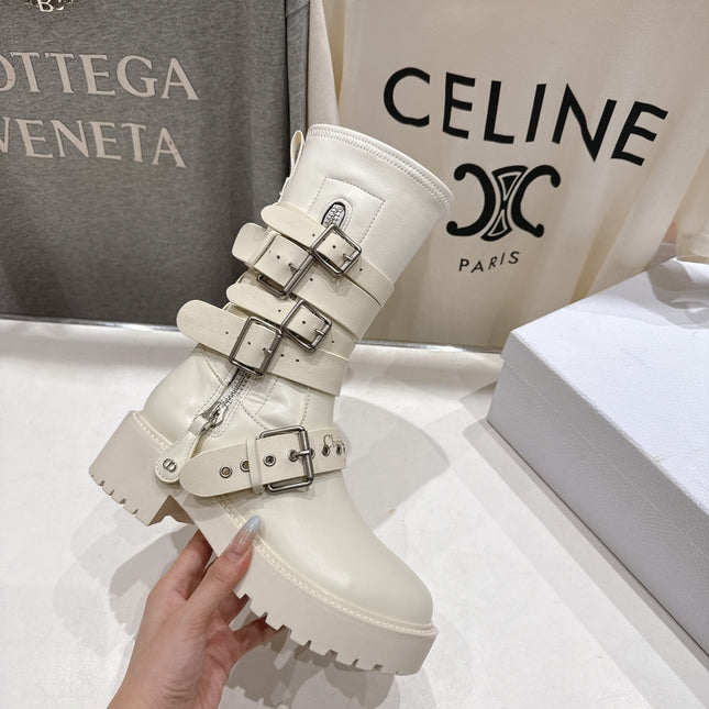 DIOR 25S BIKER BOOTS IN CREAM WHITE CALFSKIN WITH SILVER HARDWARE