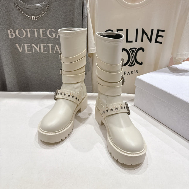 DIOR 25S BIKER BOOTS IN CREAM WHITE CALFSKIN WITH SILVER HARDWARE