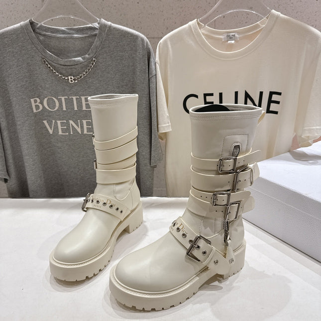 DIOR 25S BIKER BOOTS IN CREAM WHITE CALFSKIN WITH SILVER HARDWARE