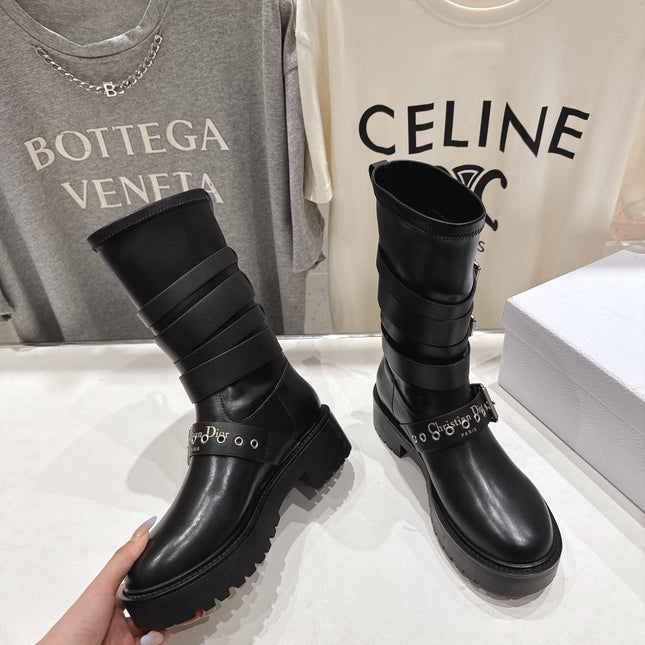 DIOR 25S BIKER BOOTS IN BLACK CALFSKIN WITH SILVER HARDWARE