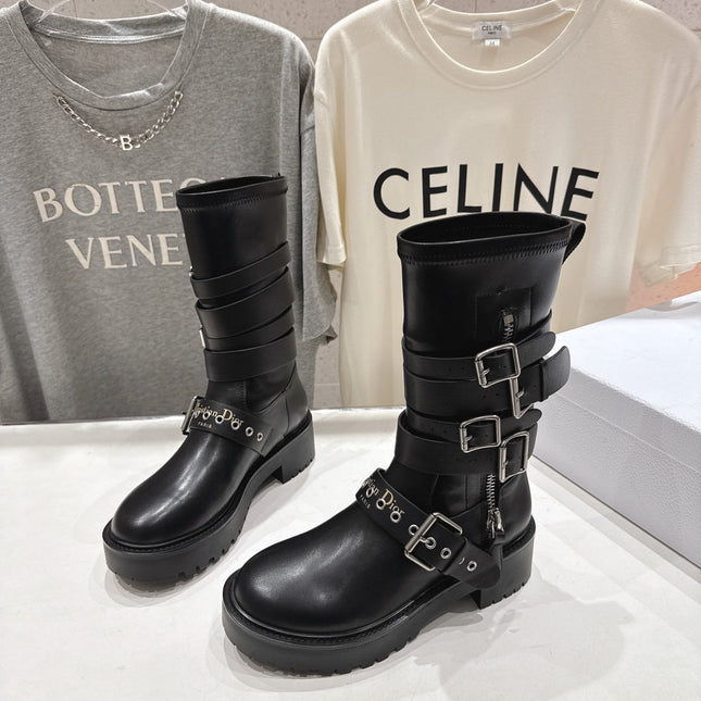 DIOR 25S BIKER BOOTS IN BLACK CALFSKIN WITH SILVER HARDWARE