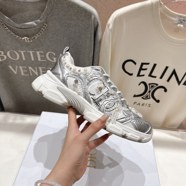 DIOR 25S SNEAKER IN SILVER LAMBSKIN AND MESH FABRIC WITH PEARL DETAILING