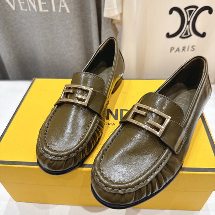FENDI 25S LOAFERS IN DARK OLIVE BROWN CALFSKIN