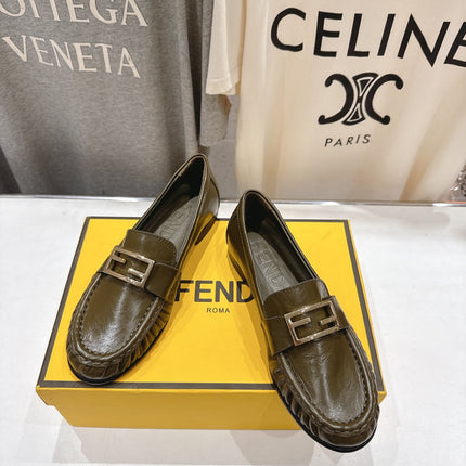 FENDI 25S LOAFERS IN DARK OLIVE BROWN CALFSKIN
