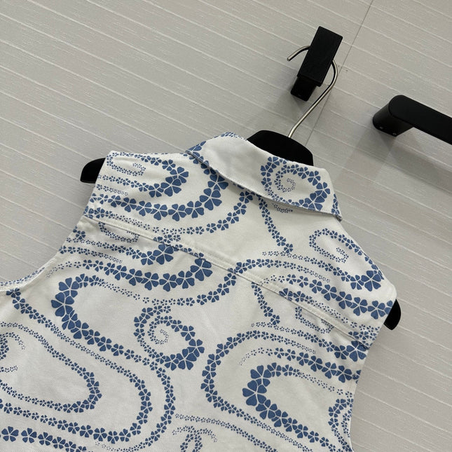 CC 25 Printed Denim Vest Jacket Blue White Cotton