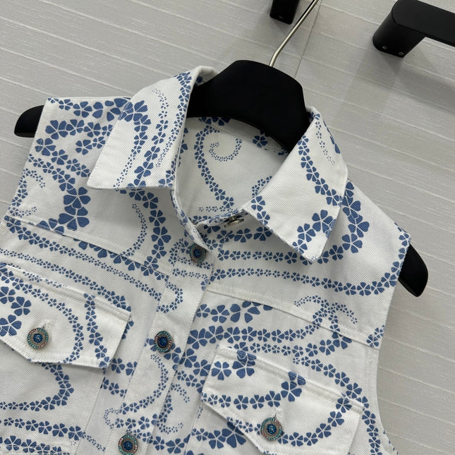 CC 25 Printed Denim Vest Jacket Blue White Cotton