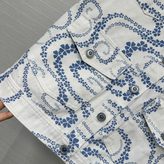 CC 25 Printed Denim Vest Jacket Blue White Cotton