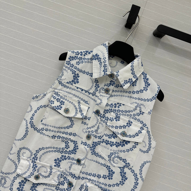CC 25 Printed Denim Vest Jacket Blue White Cotton