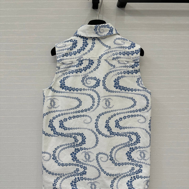 CC 25 Printed Denim Vest Jacket Blue White Cotton
