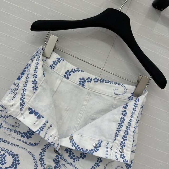 CC 25 Printed Denim Single-breasted Short Skirt Blue White Cotton