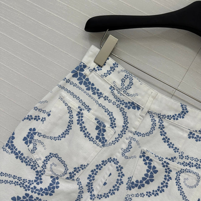 CC 25 Printed Denim Single-breasted Short Skirt Blue White Cotton