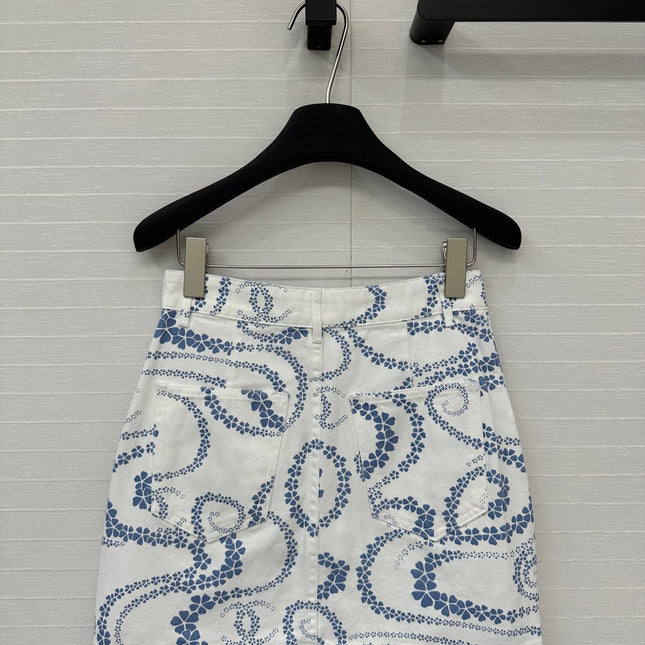 CC 25 Printed Denim Single-breasted Short Skirt Blue White Cotton