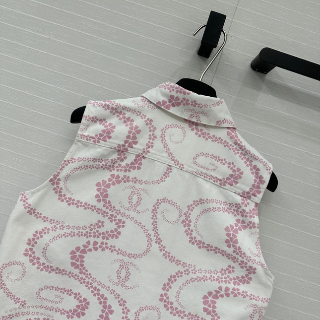 CC 25 Printed Denim Vest Jacket Pink White Cotton