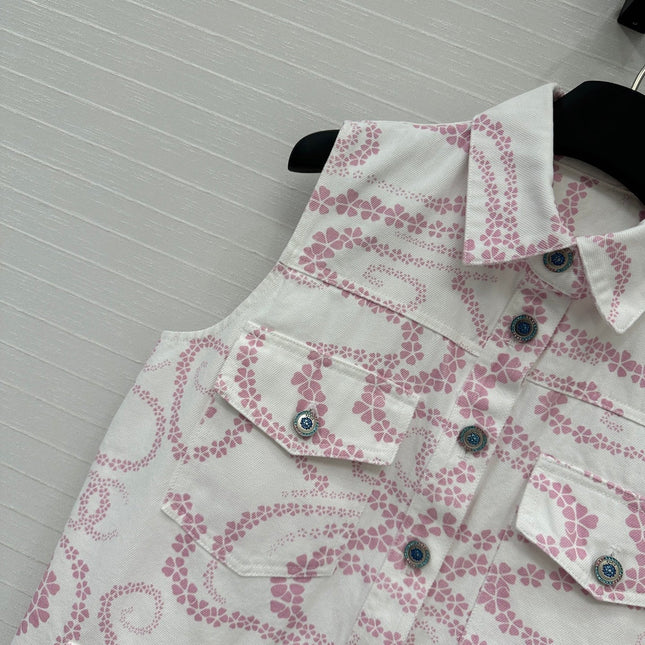 CC 25 Printed Denim Vest Jacket Pink White Cotton
