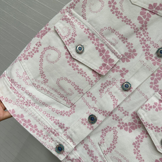 CC 25 Printed Denim Vest Jacket Pink White Cotton