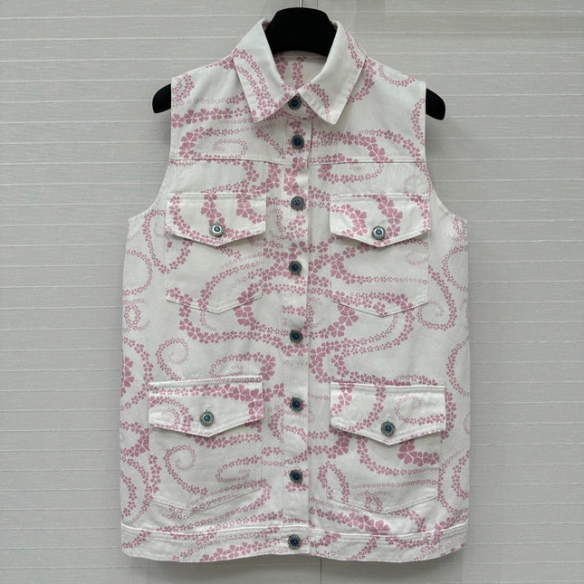 CC 25 Printed Denim Vest Jacket Pink White Cotton