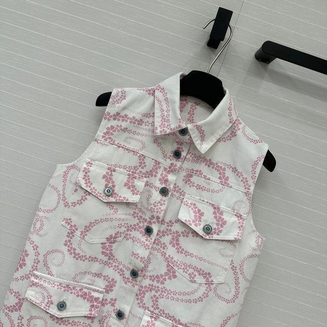 CC 25 Printed Denim Vest Jacket Pink White Cotton