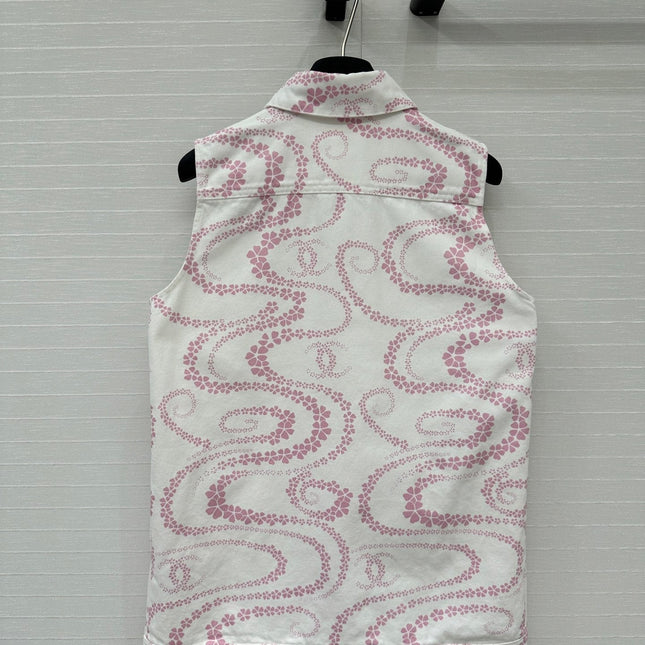 CC 25 Printed Denim Vest Jacket Pink White Cotton